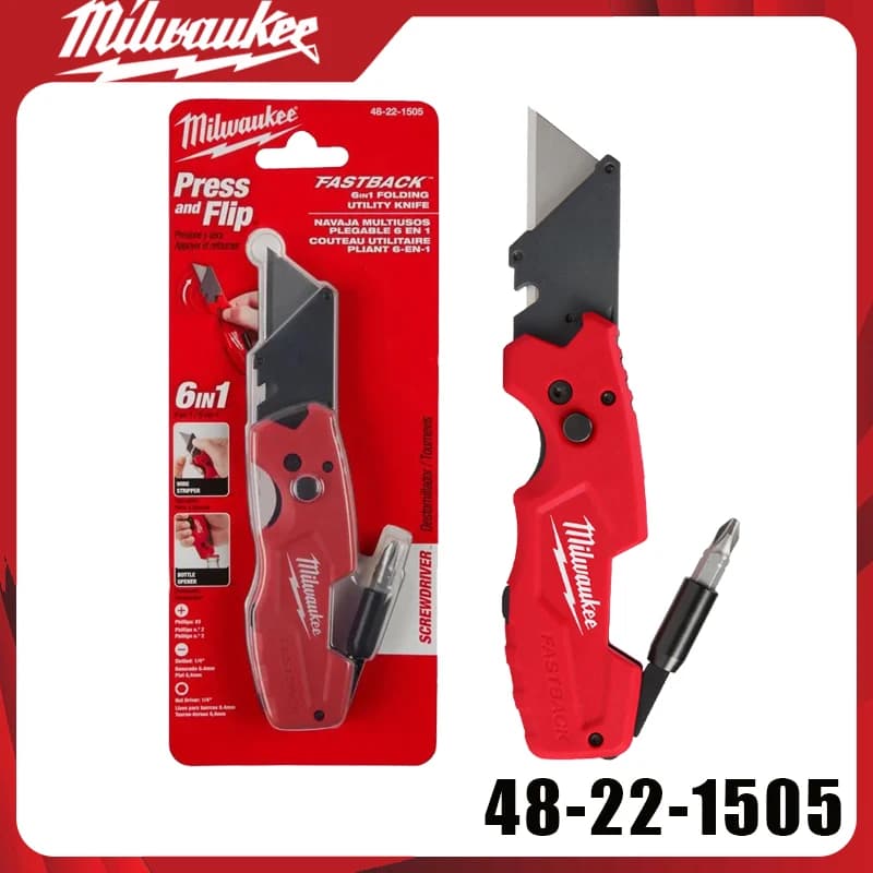 Faca Utilitária Multifuncional Milwaukee 48-22-1505 FASTBACK 6-em-1 com Chave de Fenda, Desencapador de Fios e Abridor de Garrafas