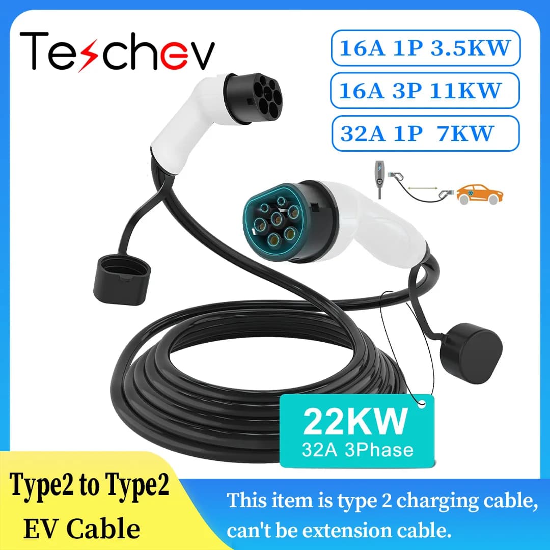 Cabo de Carregamento Elétrico Teschev 16A/32A 22kW Tipo 2 para Tipo 2, Cabo de Carregamento Rápido Compatível com Tesla e BEV/PHEV