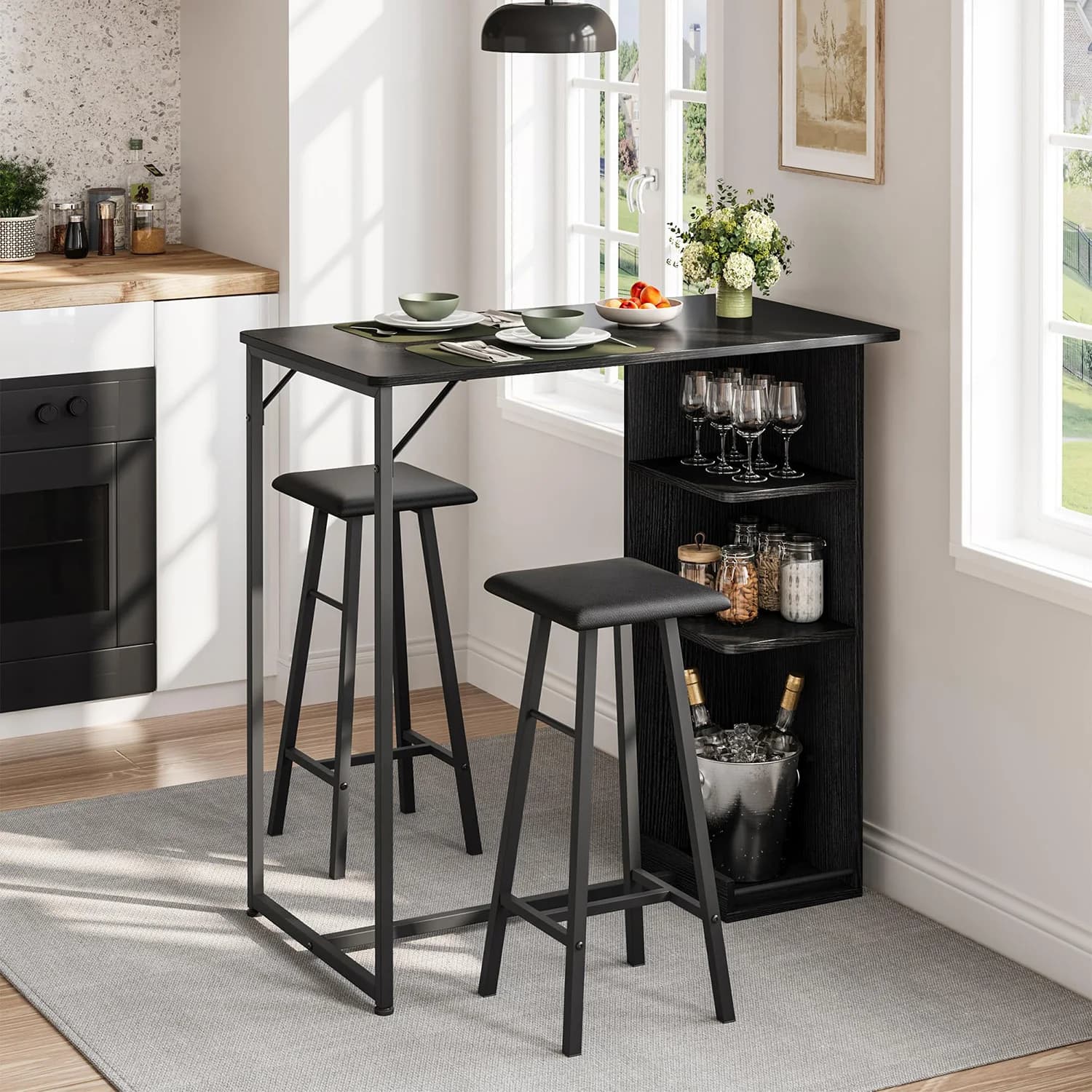 Conjunto de Mesa e Cadeiras de Bar de 3 Peças para 2 Pessoas com Prateleiras de Armazenamento – Mesa e Banquetas de Bar com Altura de Balcão que