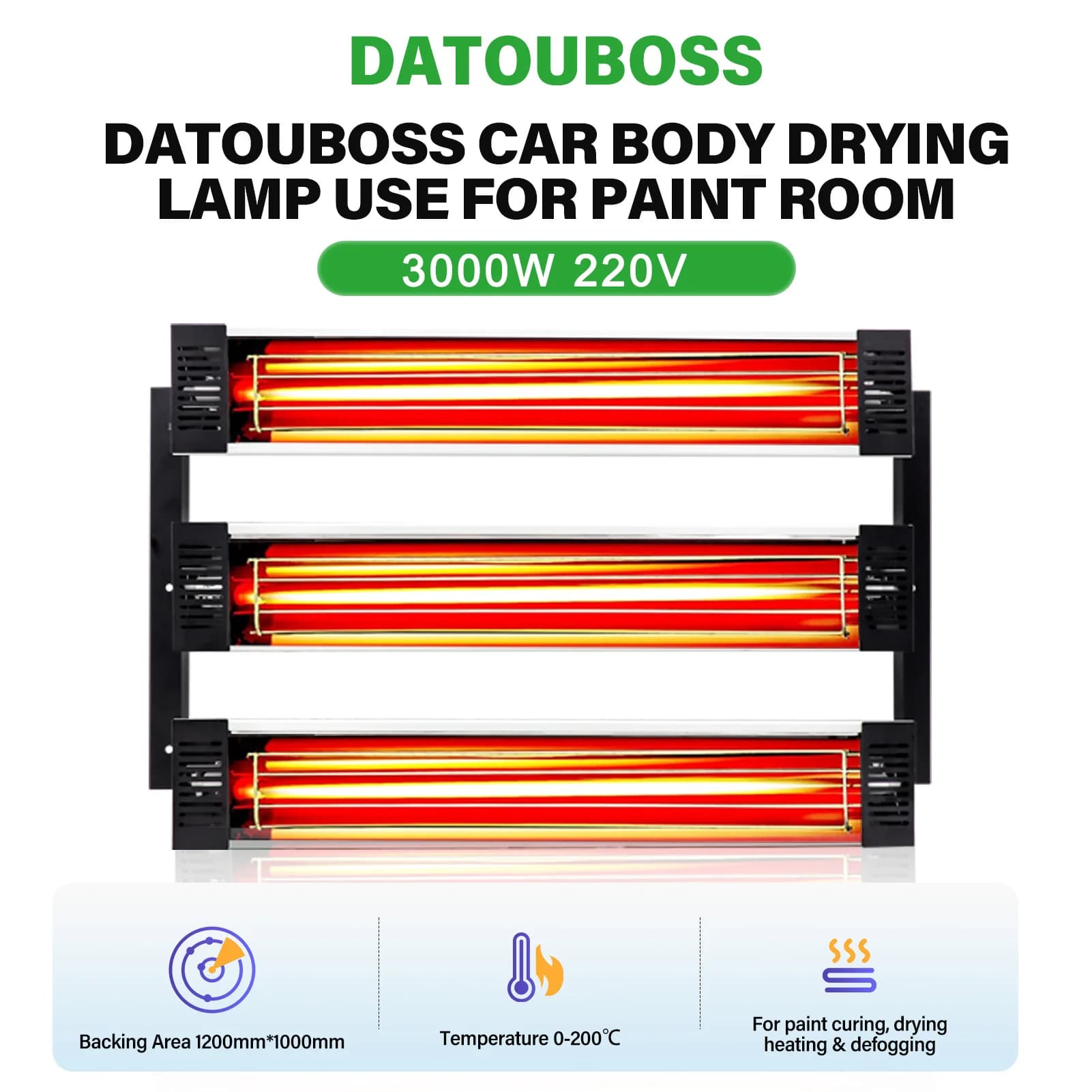Lâmpada infravermelha para pintura DATOUBOSS 3000W, tipo onda, onda curta, 220V, área de cura 1200×1000mm, principalmente para uso interno no