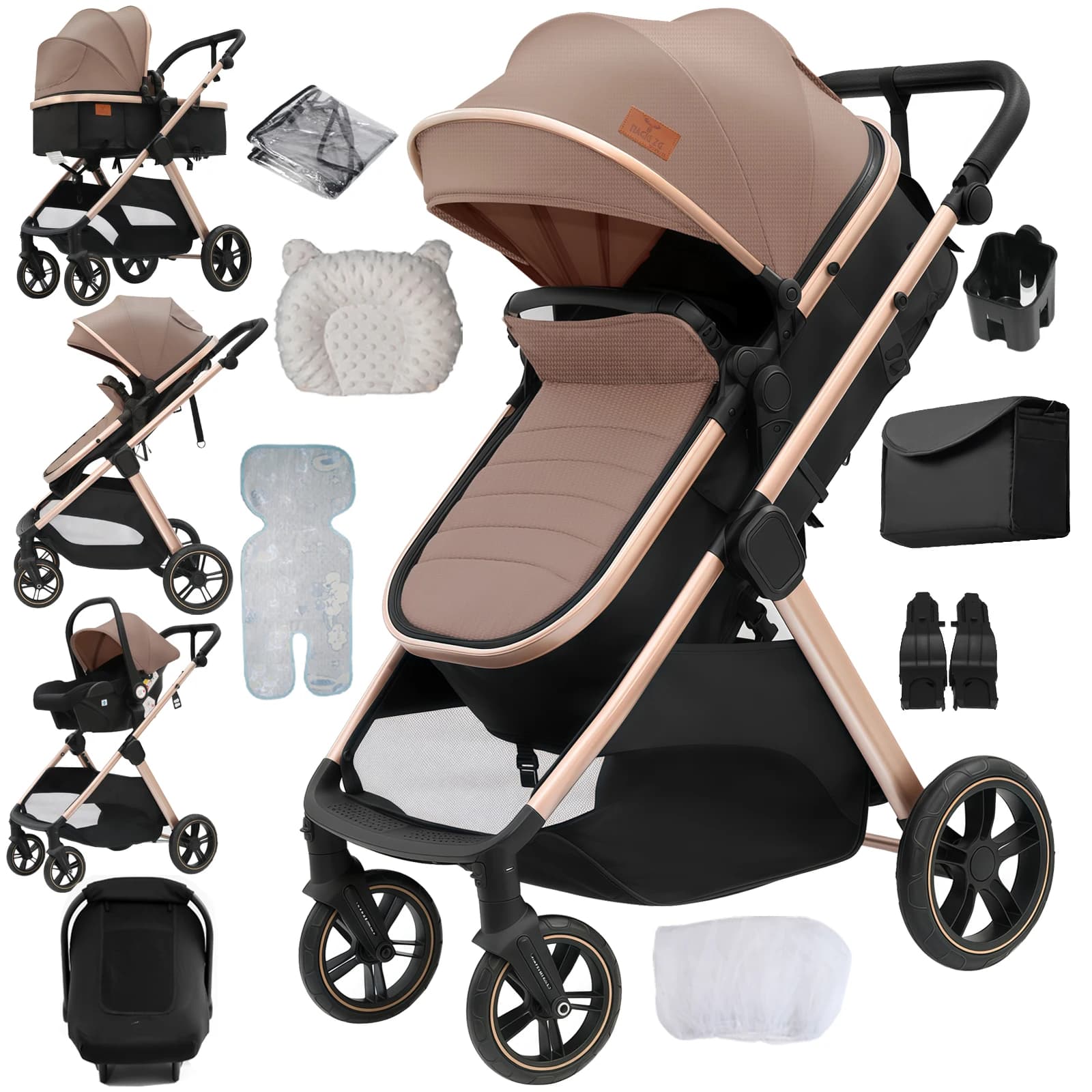 Carrinho de Bebê 3 em 1 Leve e Dobrável, Sistema de Viagem para Recém-Nascidos, Carrinho de Passeio com Assento Elevado, Alcofa Reversível e