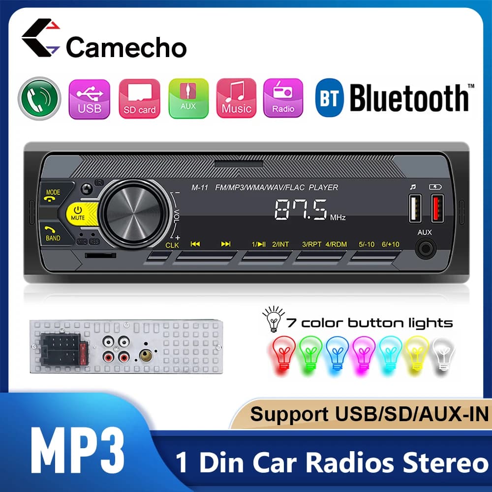 Camecho-rádio universal do carro, 1 din, 12v, bluetooth, estéreo, mp3, leitor de áudio, no painel, aux, fm, usb, assistente de voz