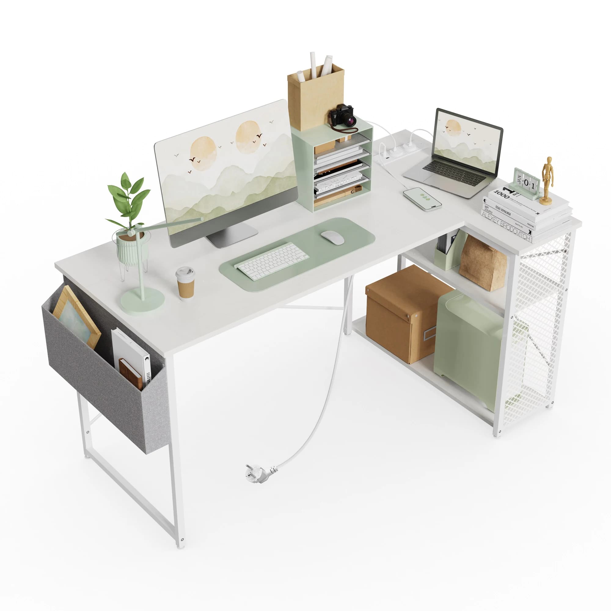 Mesa de canto para jogos em forma de l, 100/120*70*75cm, mesa de computador com prateleira para monitor, tomada de energia e porta usb, madeira