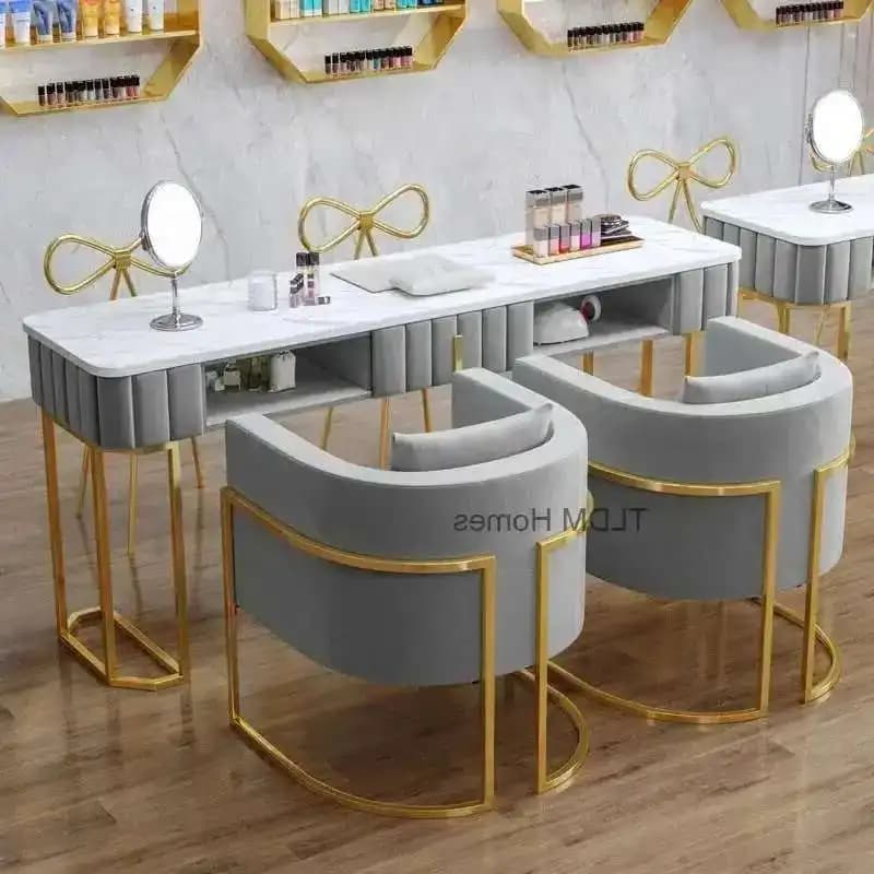 Conjunto de cadeiras de mesa de manicure nórdica de mármore, móveis de salão de beleza, mesa de manicure profissional, moderna, única, luz dupla,