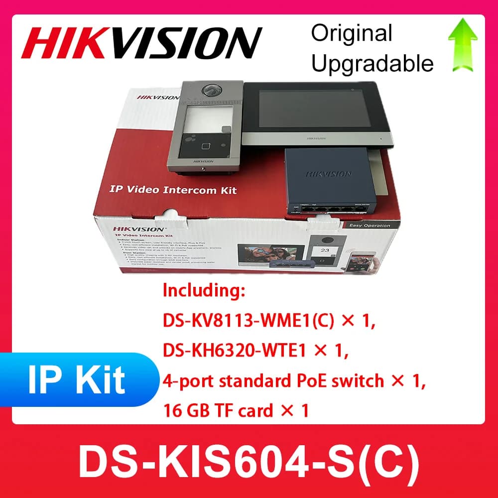 Kit de Intercomunicação por Vídeo IP Hikvision DS-KIS604-S(C) com DS-KV8113-WME1(C) e DS-KH6320-WTE1, um botão de chamada