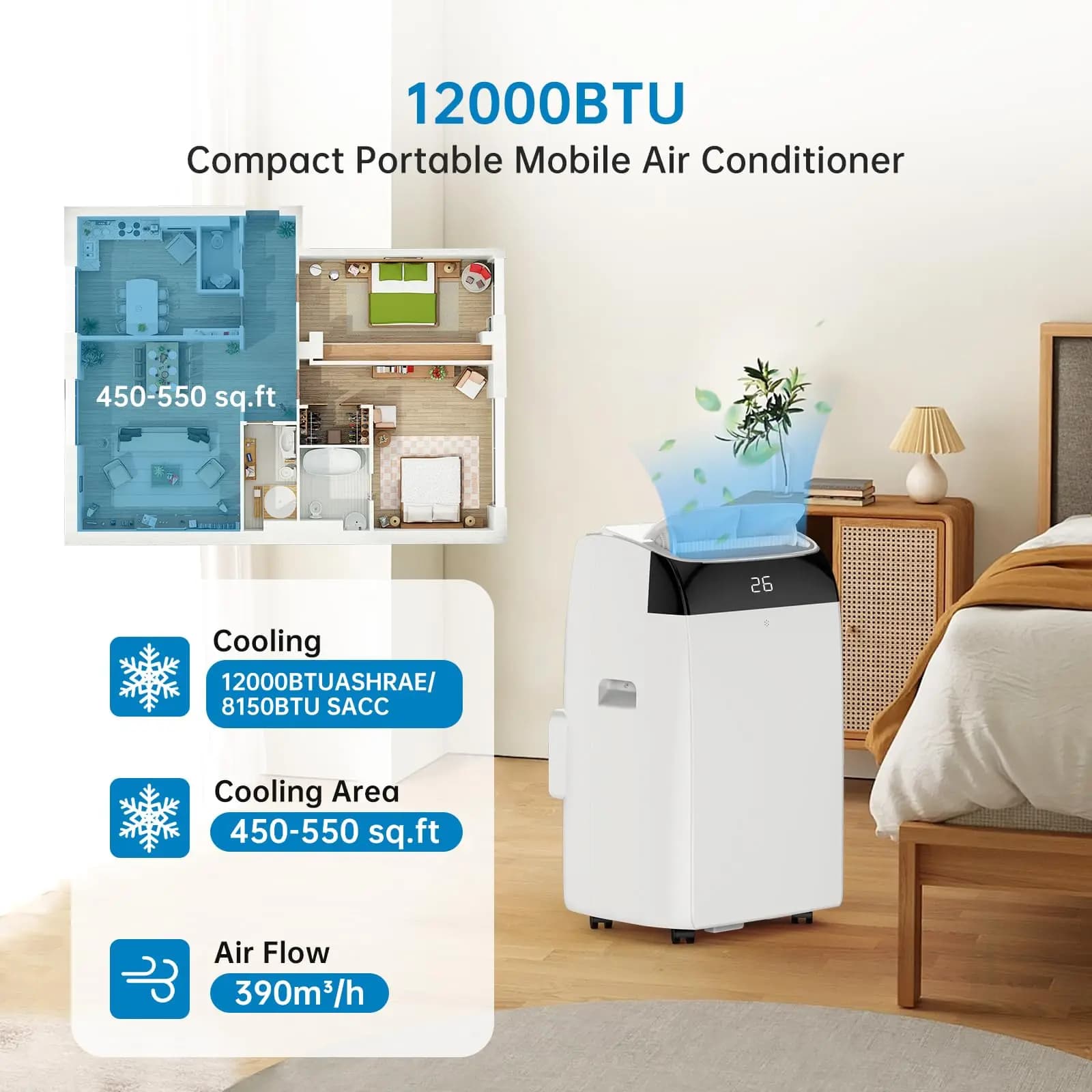 Ar condicionado portátil 12000 BTU, ventilador desumidificador 4 em 1 e fluxo de ar automático, sem unidade externa, operação silenciosa, para