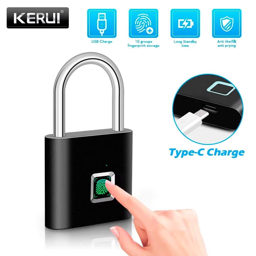 Kerui cadeado inteligente com impressão digital, à prova d'água, fechadura de porta sem chave, tipo c, recarregável, cadeado de segurança para