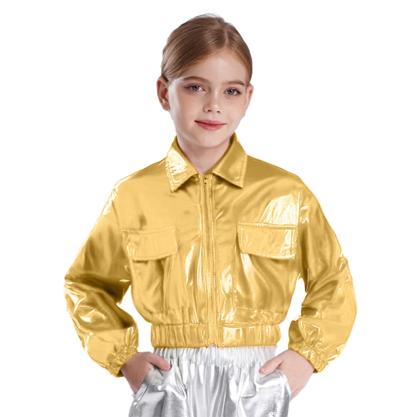 Jaqueta unissex infantil, masculina e feminina, metálica, brilhante, hip-hop, jazz, fantasia de dança, manga comprida, com bolsos com aba, roupa de