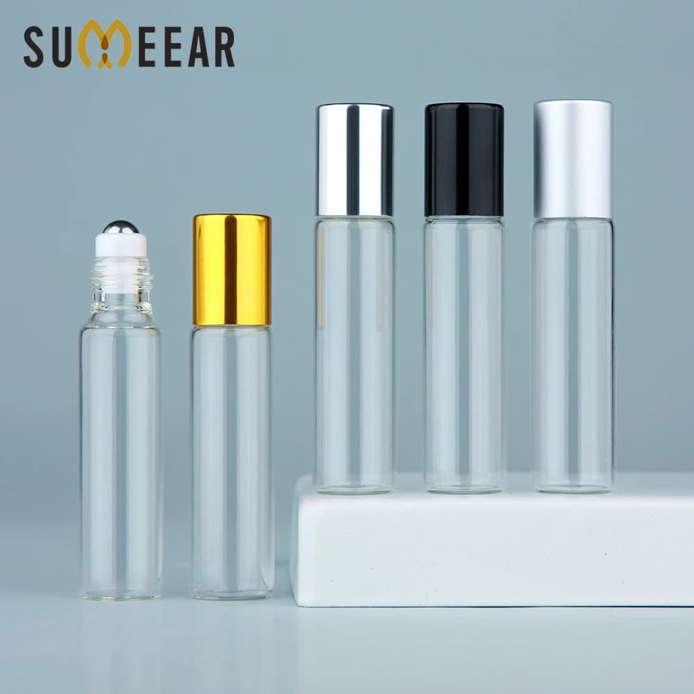 100 pçs/lote 10ml rolo de vidro transparente garrafa de óleo essencial rolo vazio na garrafa de perfume frascos de vidro vazio recipiente de