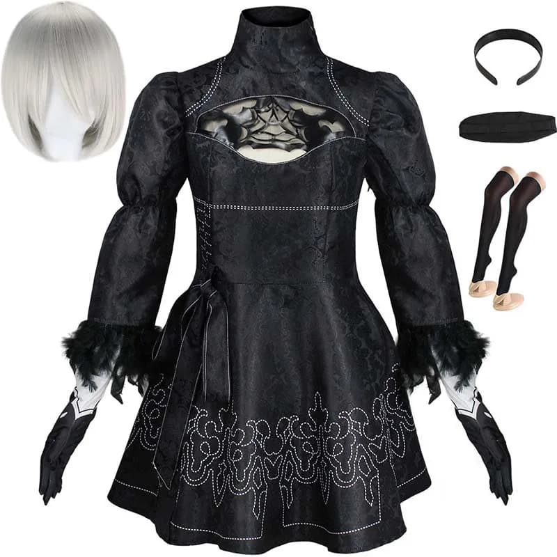 Tamanho grande yorha 2b cosplay traje preto collant vestido 2b conjunto completo halloween shojou roupas de menina mágica peruca luvas máscara meias