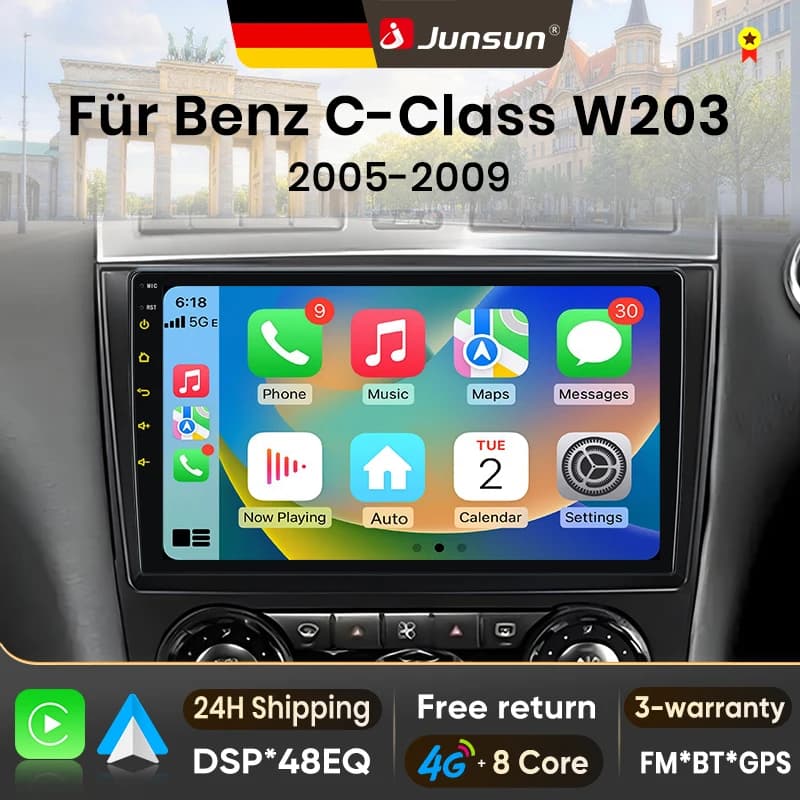 Rádio Automotivo Junsun 9" Android 15 para Benz Classe C W203 2005-2009 com Apple CarPlay Sem Fio, Tela IPS, Estéreo Multimídia, Reprodutor de