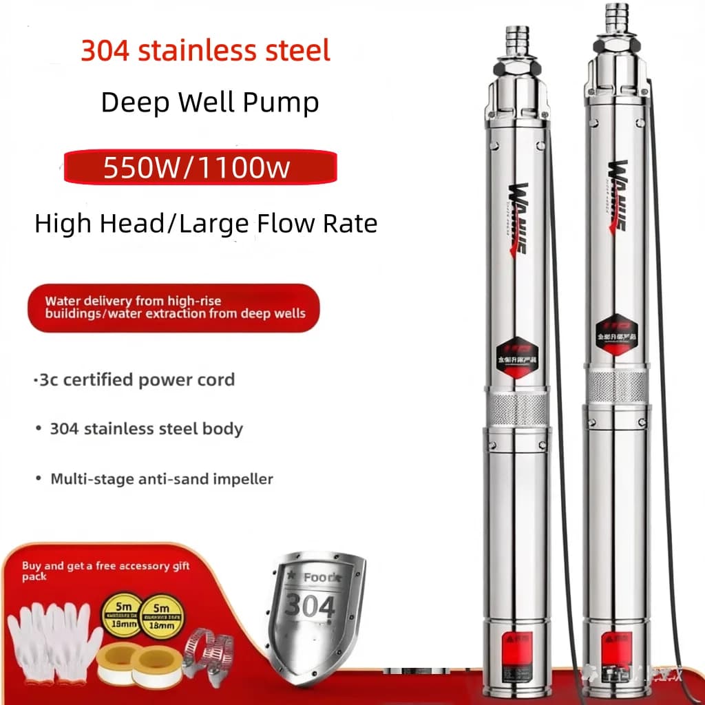Bomba Submersível de Poço Profundo em Aço Inoxidável Multietapas 550W/1100W de Alta Pressão para Irrigação de Jardim e Abastecimento Doméstico