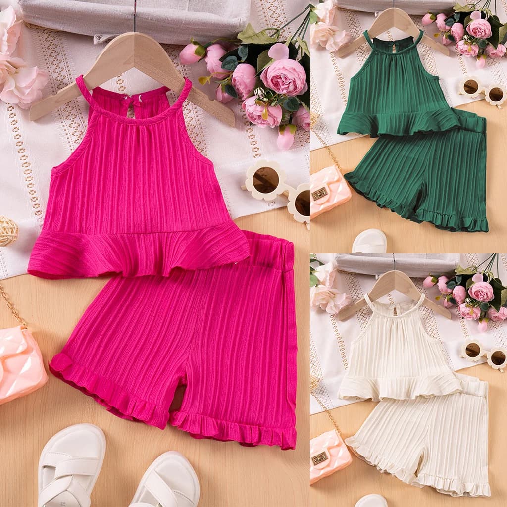 2025 novos conjuntos de moda de verão para meninas sem mangas com babados regata e shorts cor sólida roupa de duas peças para meninas pequenas