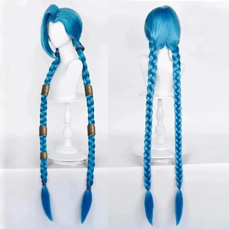LOL Jinx peruca cosplay trançada longa, Cabelo sintético resistente ao calor, O canhão solto, Perucas Anime