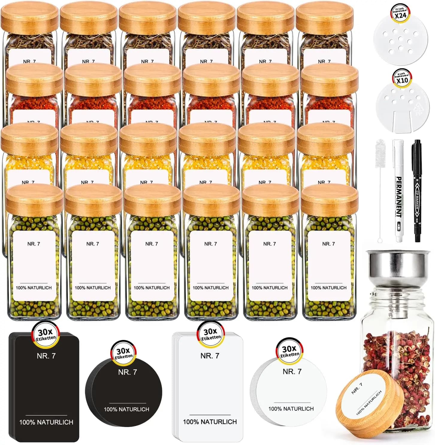 Conjunto quadrado de frasco de especiarias com tampa de bambu ecológico de 120ml |   12/24 potes de especiarias com etiquetas de especiarias |  