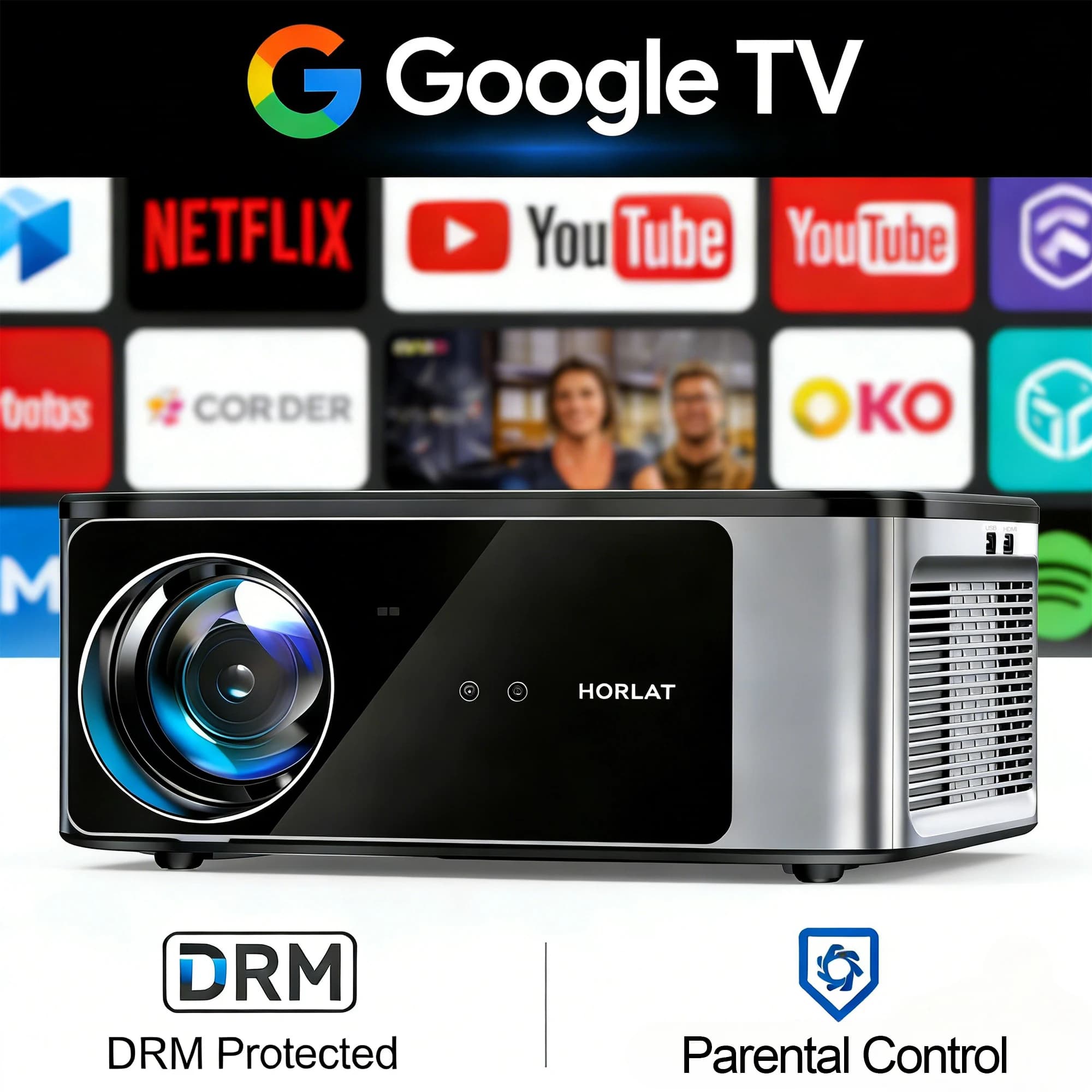 Projetor HORLAT Google TV Android 14 3200 ANSI Lumens Foco Automático WiFi 6 3D Full HD 1080P Suporte 4K Projetor de Home Theater Inteligente