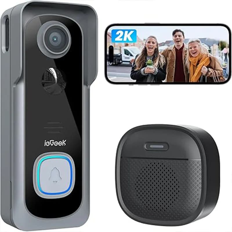 Câmera de campainha ieGeek 2K sem fio - campainha de vídeo com campainha, campainha wi-fi inteligente AI e detecção de movimento PIR