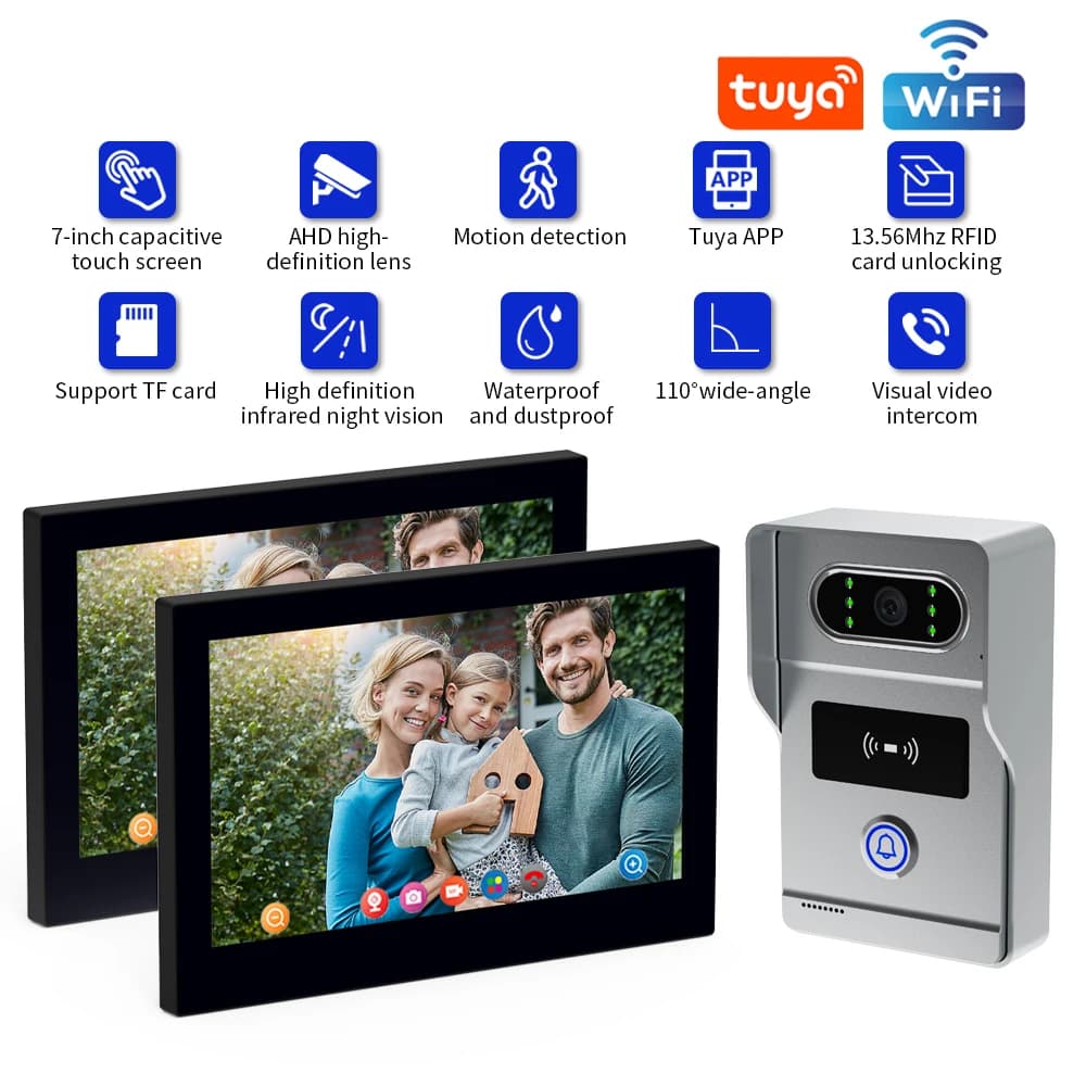 Sistema de intercomunicação de vídeo digital com 4 fios, monitor wi-fi sem fio de 7 espaços, 1080p, câmera de vídeo, campainha, cartão,
