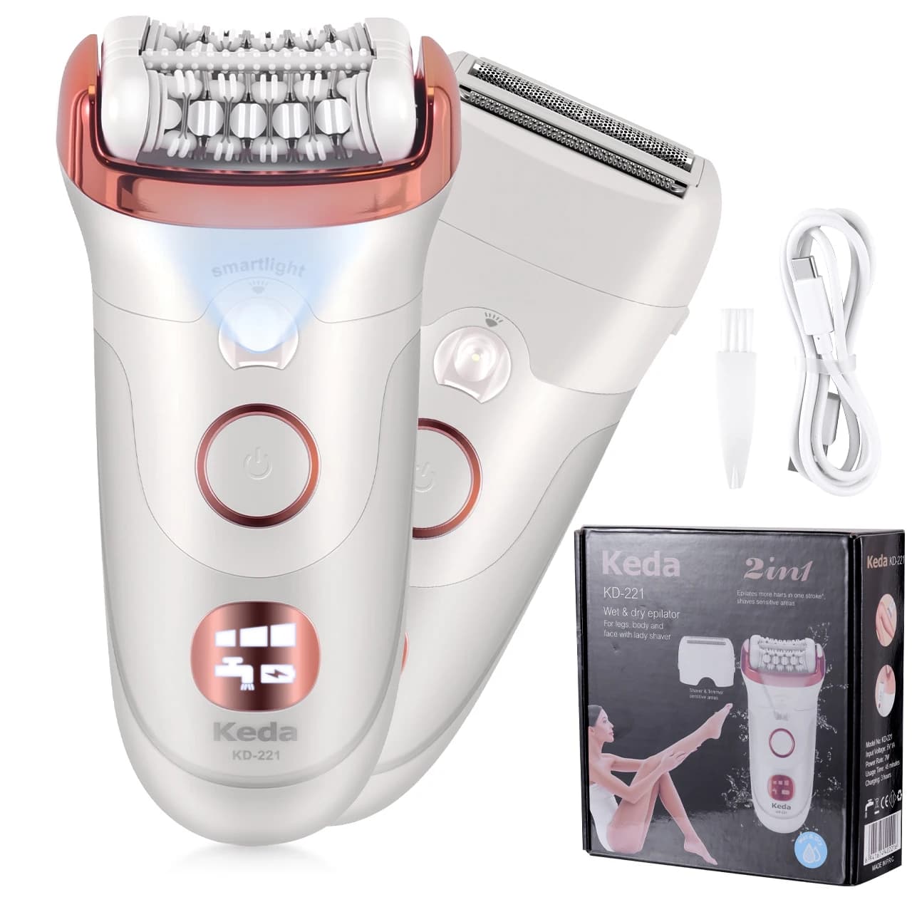 Removedor de pelos elétrico feminino Keda, lavável, para uso doméstico, com clipe privado e luz.