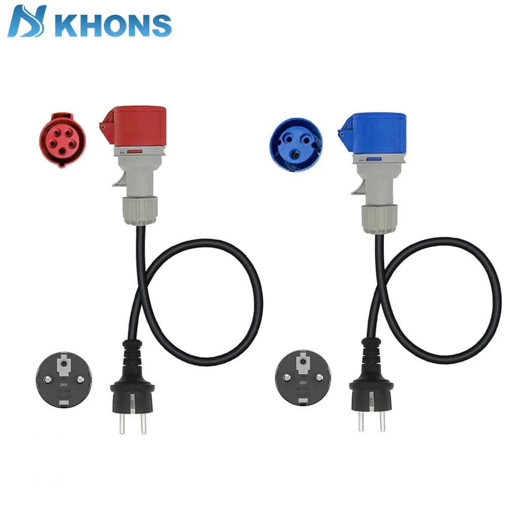 Khons-Schuko Plug para CEE, adaptador trifásico, carregador de EV, plugue fêmea vermelho, 32A para conector Schuko16A, azul
