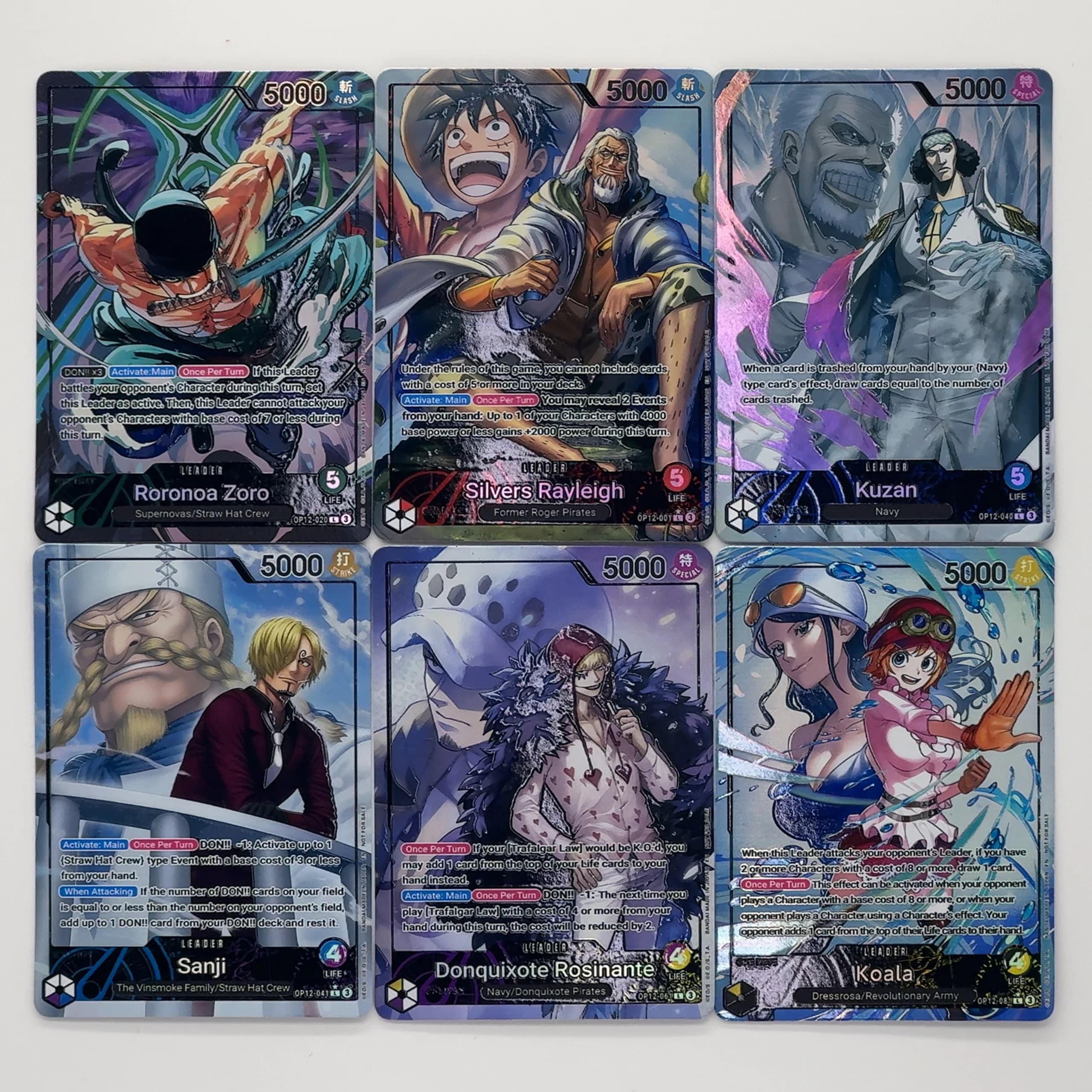 Uma peça tcg opcg inglês líder cartão op12 conjunto de cartão líder zoro rayleigh kuzan sanji rosinante koala texturizado folha cartão