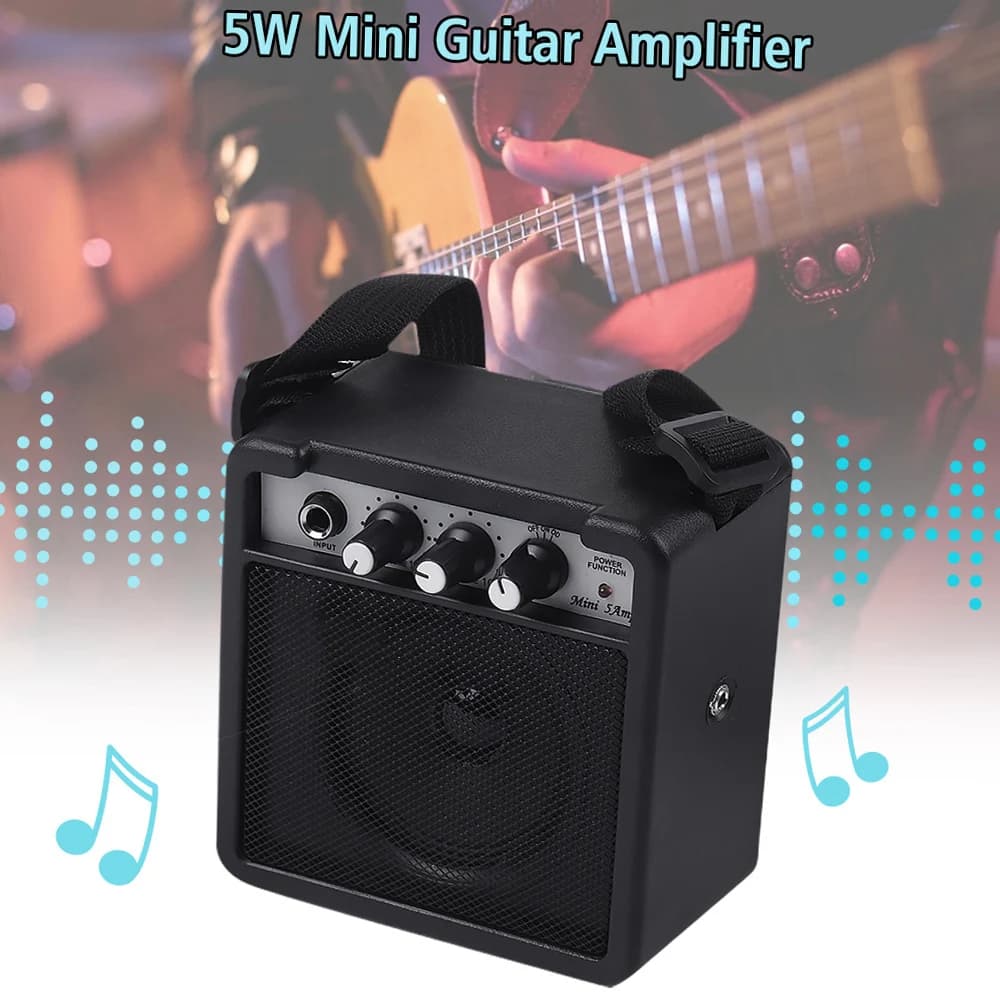 Mini Amplificador de Guitarra 5W com Entradas de 3.5mm e 6.35mm, Saída de 1/4 de Polegada, Suporta Ajuste de Volume e Overdrive