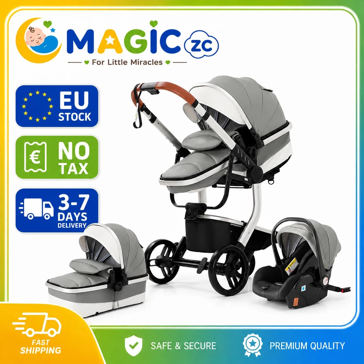 Carrinho de Bebê 3 em 1 para Recém-Nascidos, Sistema de Viagem Dobrável e Leve, com Assento Reversível em Couro PU, Carrinho de Passeio de Quatro