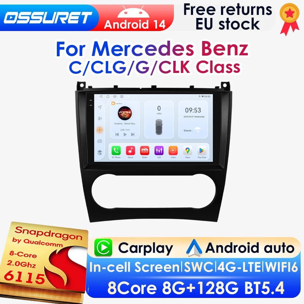 Rádio de Carro Carplay Android14 para Mercedes Benz CLC W203 Classe C C180 C200 CLK200 CLK W209 GPS Multimídia 4G DSP BT Câmera 360 6115