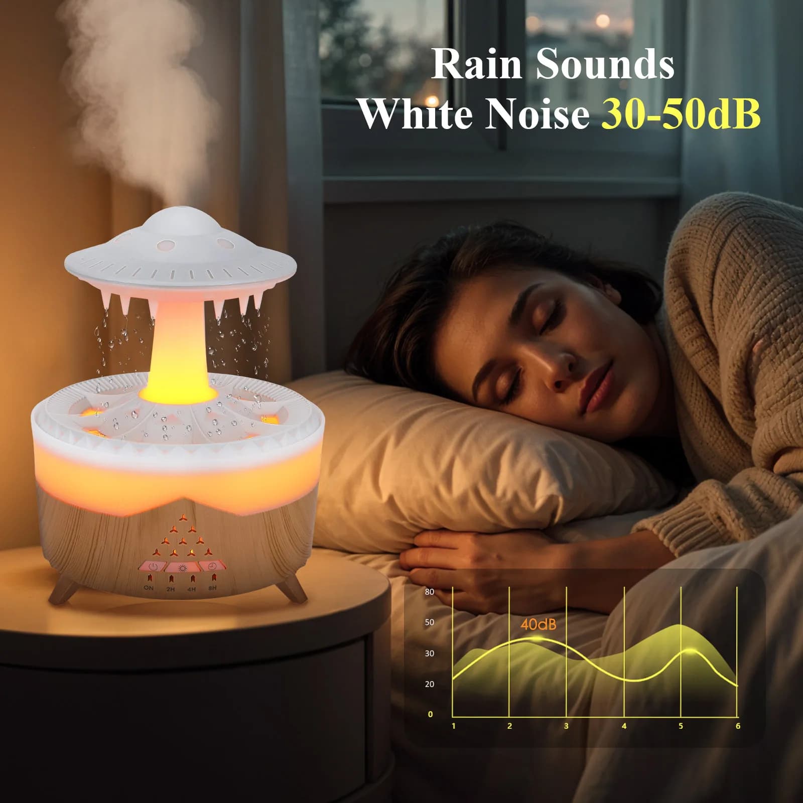 Umidificador de Ar 2 em 1 UFO Cloud Rain, Difusor de Óleos Essenciais, Máquina de Ruído Branco com Som de Chuva e Luz LED de 3 Cores, Umidificador