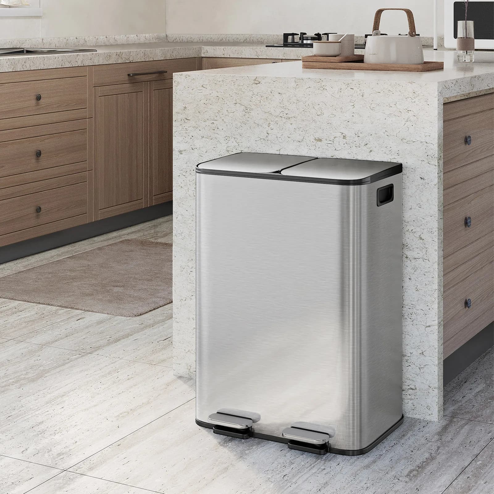 Lixeiras de aço inoxidável com dois compartimentos e pedal, removíveis, para reciclagem e lixo, para casa e escritório, 2x15L/2x30L