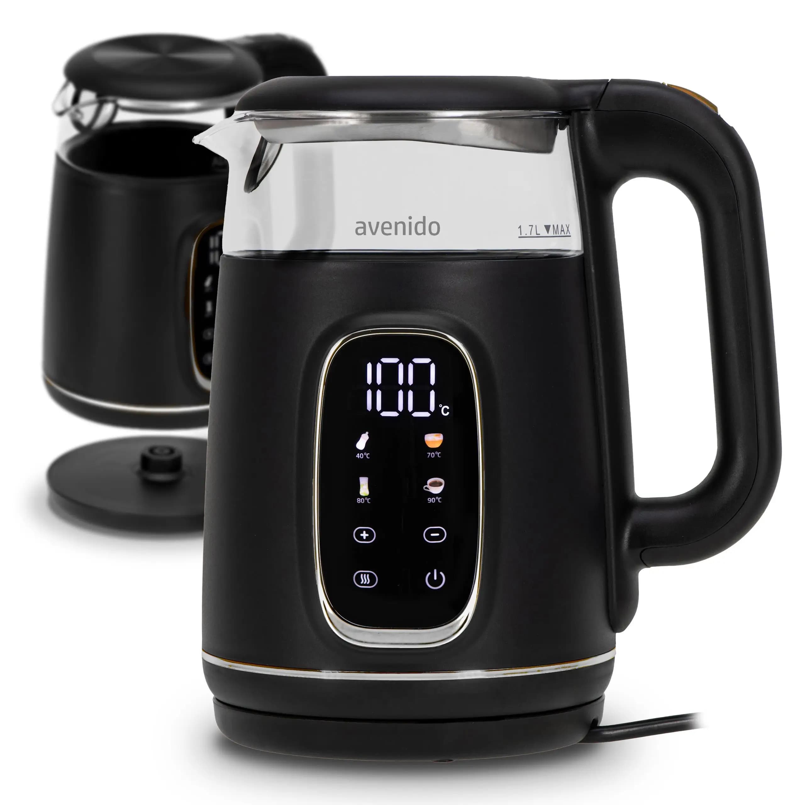 Chaleira Elétrica de Vidro 1.7 Litros com Controle de Temperatura, Base Rotativa e Manutenção de Calor 2200W Avenido AV1310