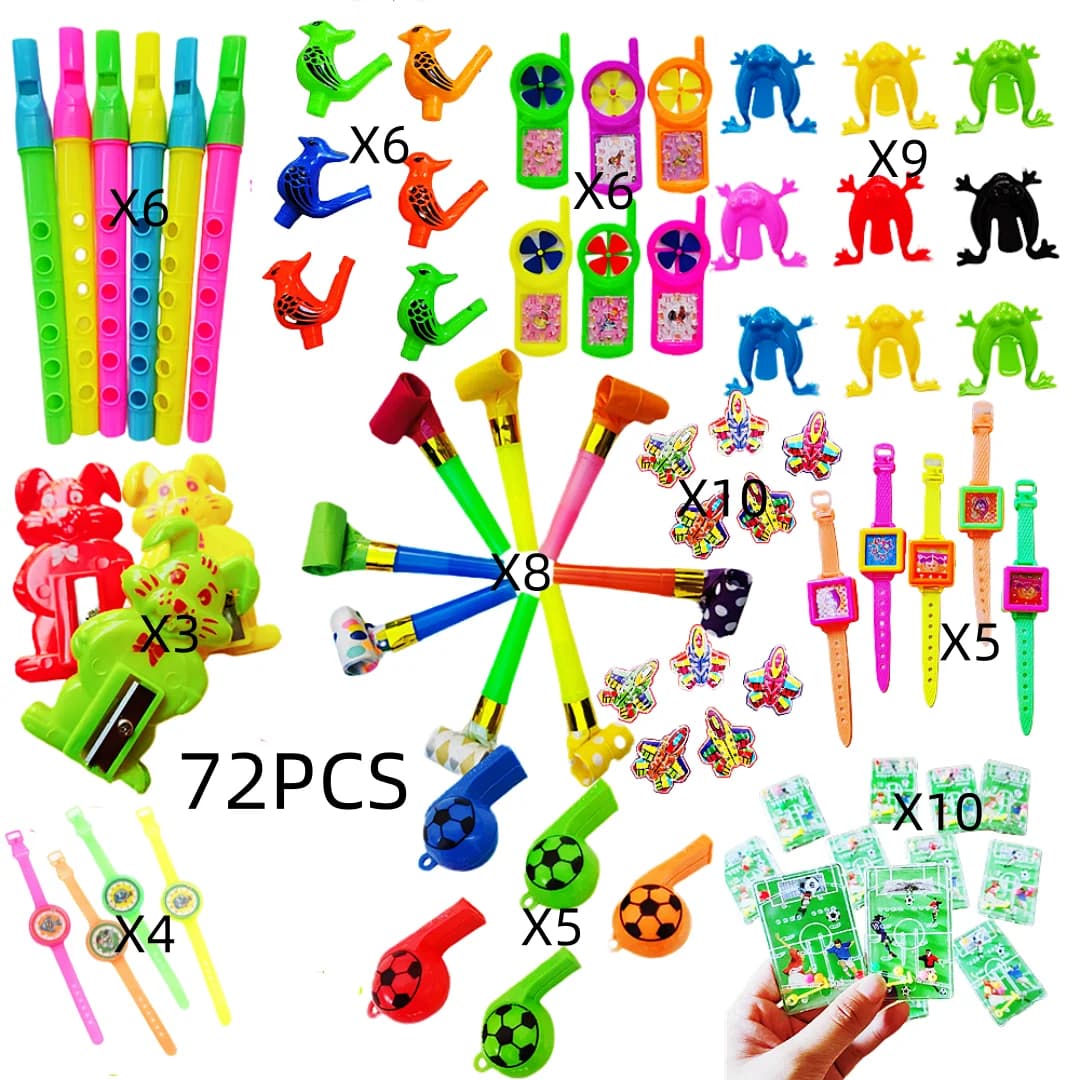 72 Peças Kit de Brinquedos para Festa de Aniversário Infantil e Chá de Bebê, com Piões, Piñata, Apitos, Brinquedo Labirinto, Pacote de Presentes
