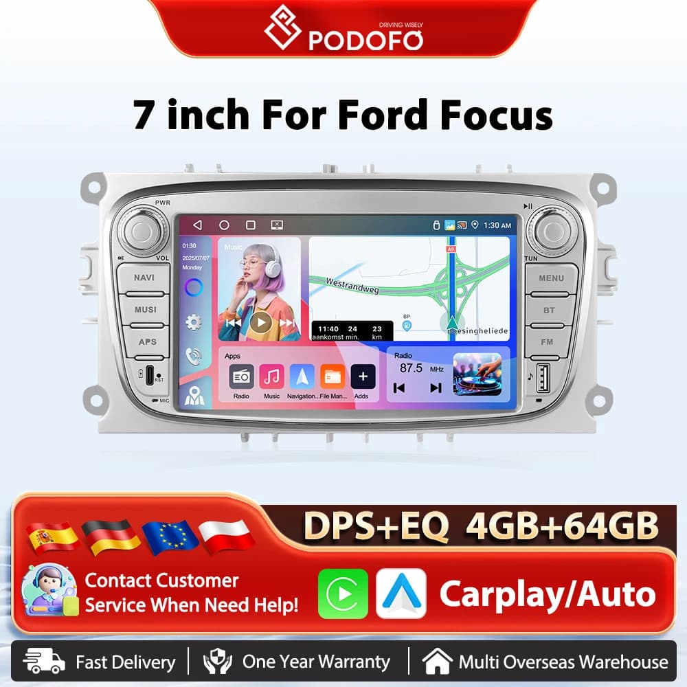 Podofo 7 ''Rádio Carro Carplay Sem Fio Para Ford Focus Android Auto GPS Navegação Multimídia Player WIFI AI Voz DSP FM BT Rádio