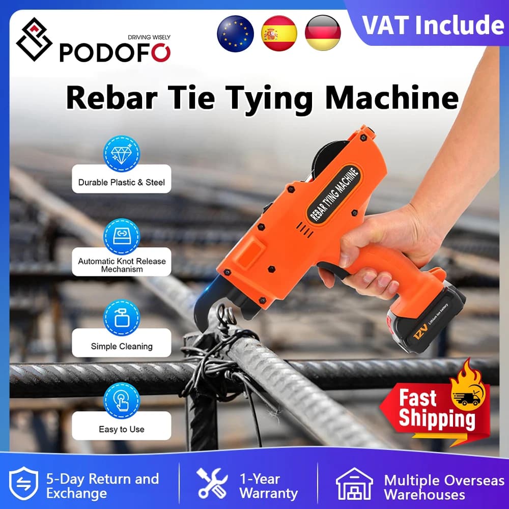 Podofo 8mm-34mm Máquina automática de amarração de vergalhão 12V Ferramenta elétrica de amarração de vergalhão Fio Dobrador e kit de cortador