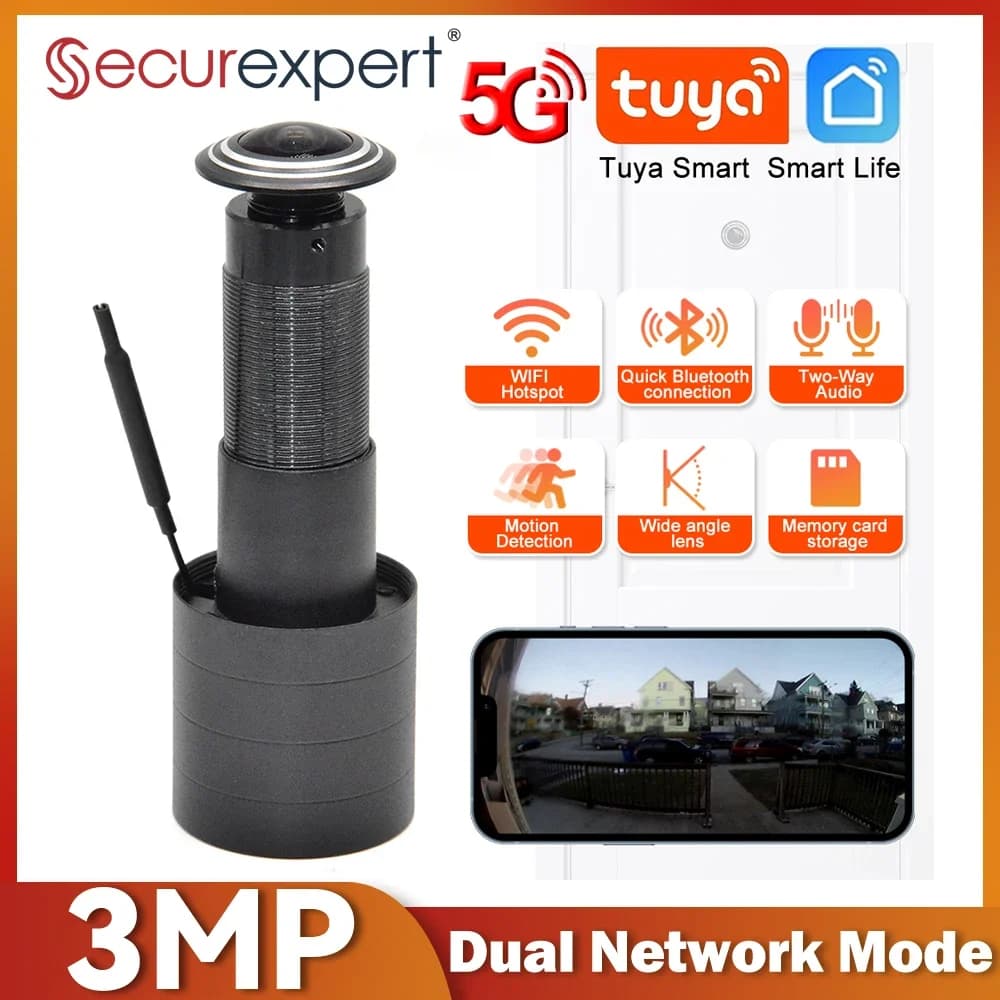 Câmera de Visualização de Porta 3MP HD 2.4G/5G WiFi com Detecção de Movimento e Áudio Bidirecional, Tuya Smart Life para Segurança Residencial