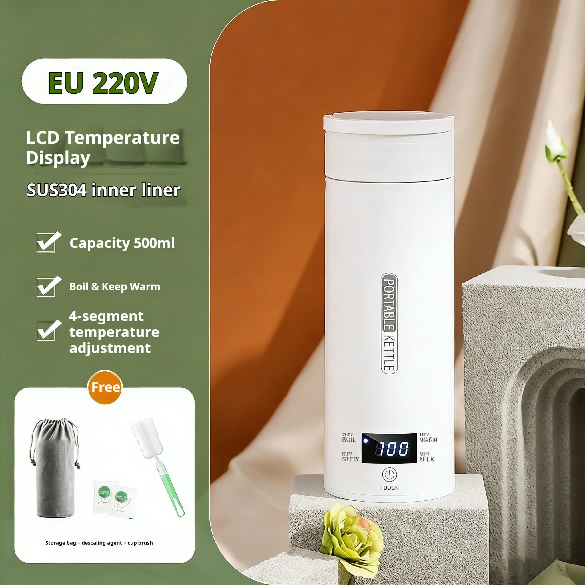 Chaleira Elétrica Portátil 450ML para Chá e Café, Copo Térmico para Viagem, Garrafa de Água Anti-Queimadura com Menu em Inglês