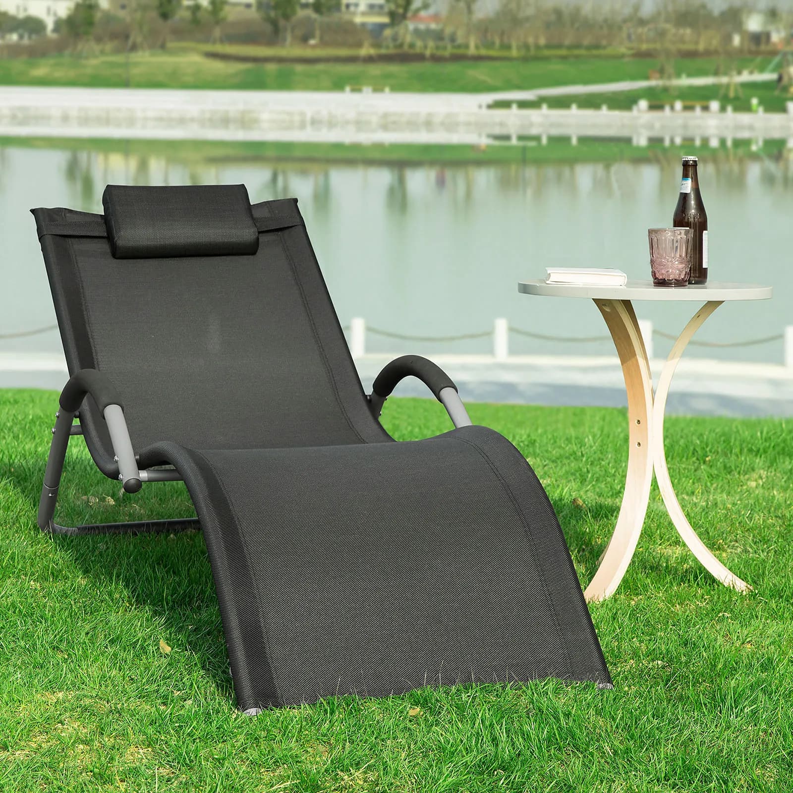 SoBuy OGS38 Espreguiçadeira de praia com almofadas para jardins, pátios, praias, varandas, capacidade de carga de 120 kg, preta, BHT, aprox.