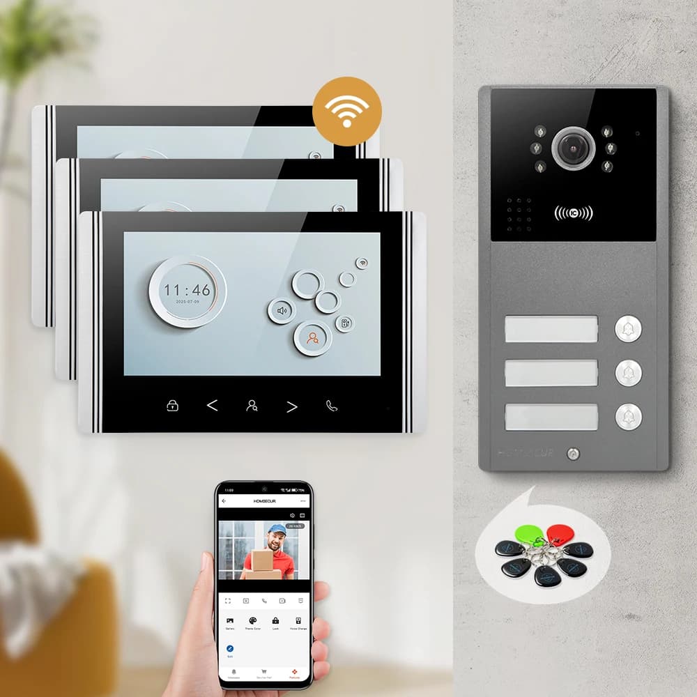 Homsecur 7 "tuya app hd wifi vídeo campainha interfone visão noturna para 3 famílias