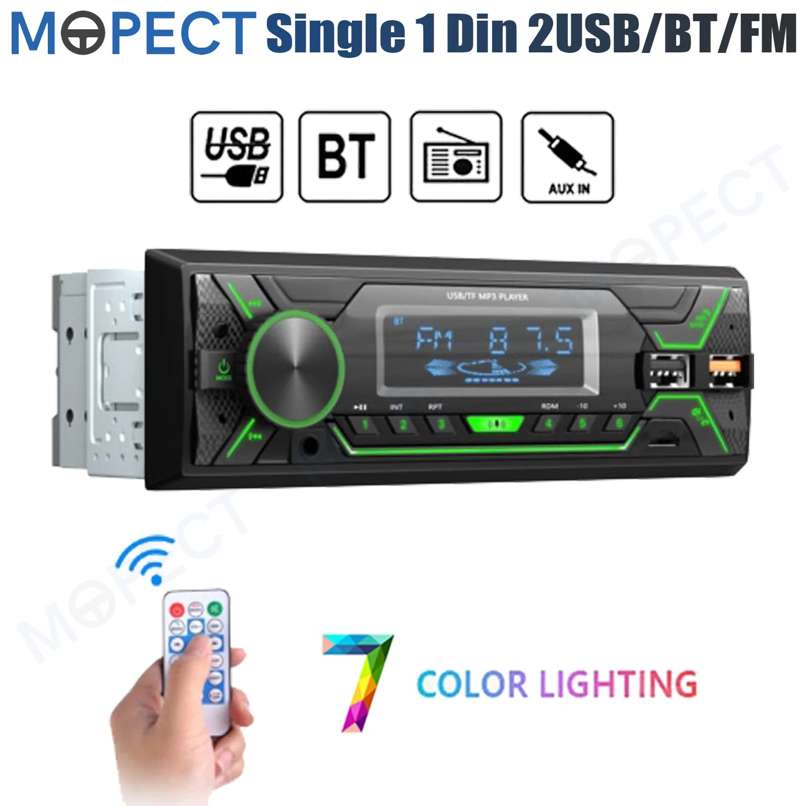 Rádio Automotivo MOPECT Single 1 DIN MP3 Player Bluetooth 2USB/TF/FM/AUX/SD com Controle Remoto Integrado (Sem Leitor de CD)