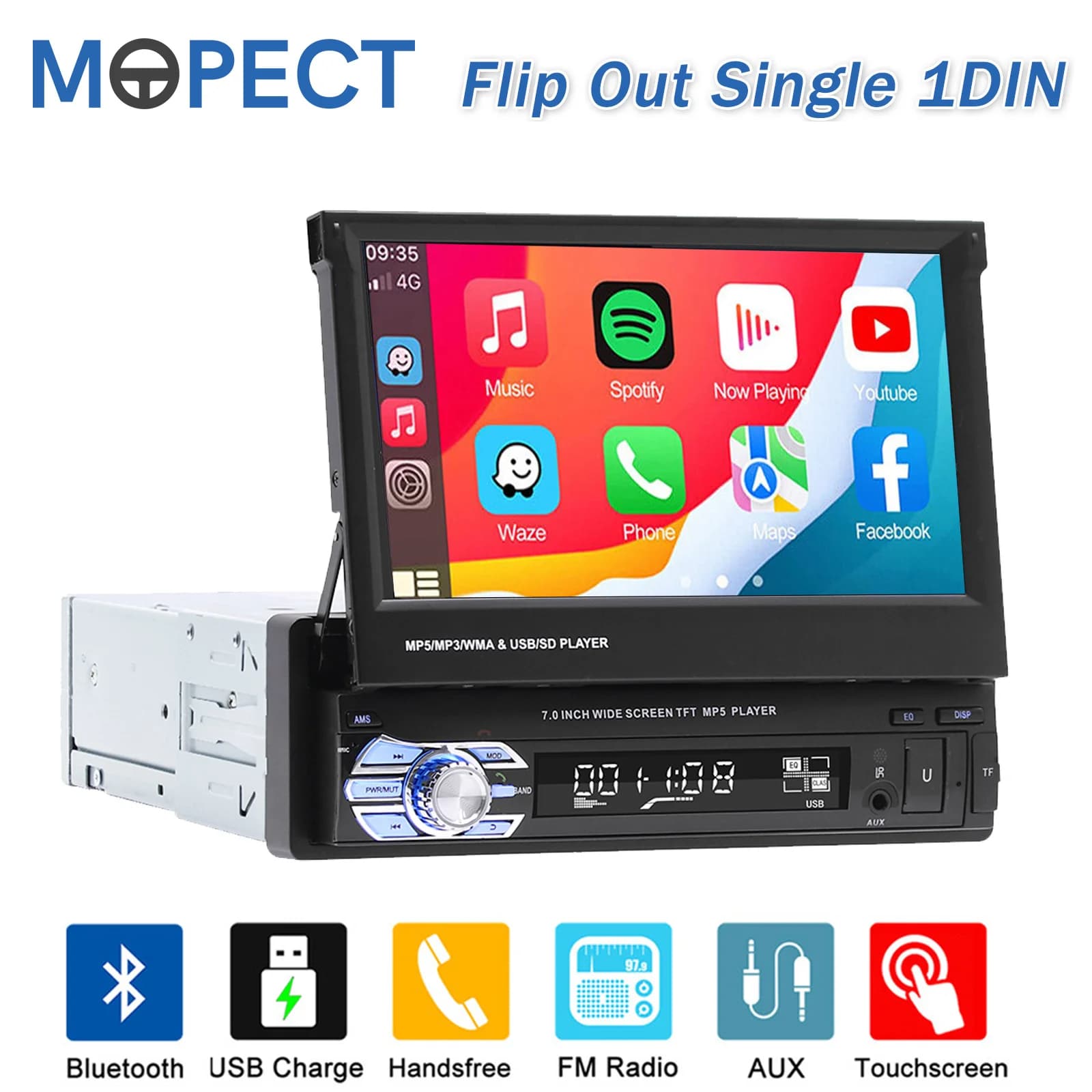 MOPECT Player Multimídia MP5 com Tela Retrátil de 7'' 1 Din, EQ de Som, FM/RDS, Carplay, Android Auto, Bluetooth, USB, SWC, Áudio para Carro