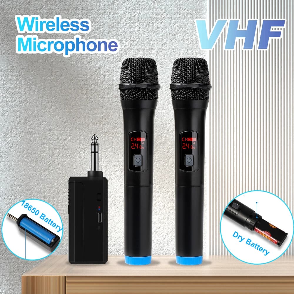 Microfone sem fio 2 canais vhf frequência fixa microfone portátil para festa karaokê profissional igreja mostrar reunião