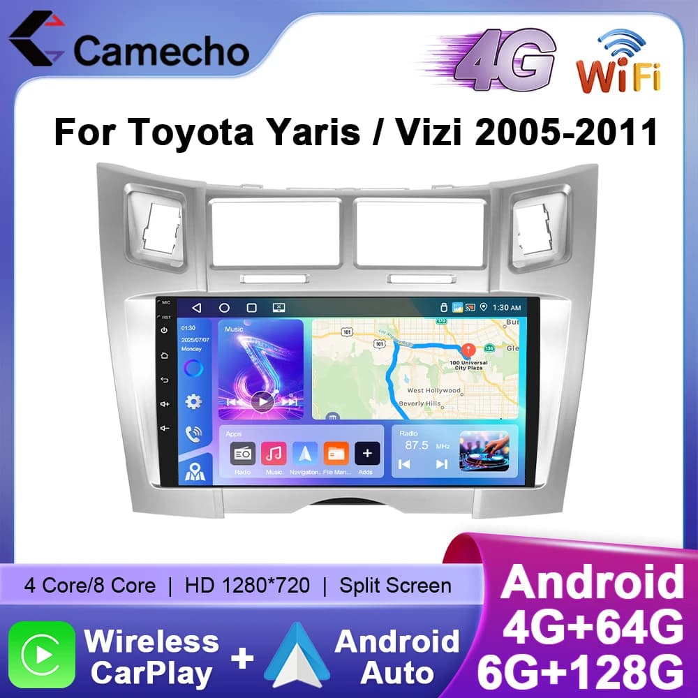Camecho 6 + 128g rádio do carro sem fio carplay android auto para toyota yaris vizi 2005-2011 sistema inteligente do carro gps estéreo 4g wifi