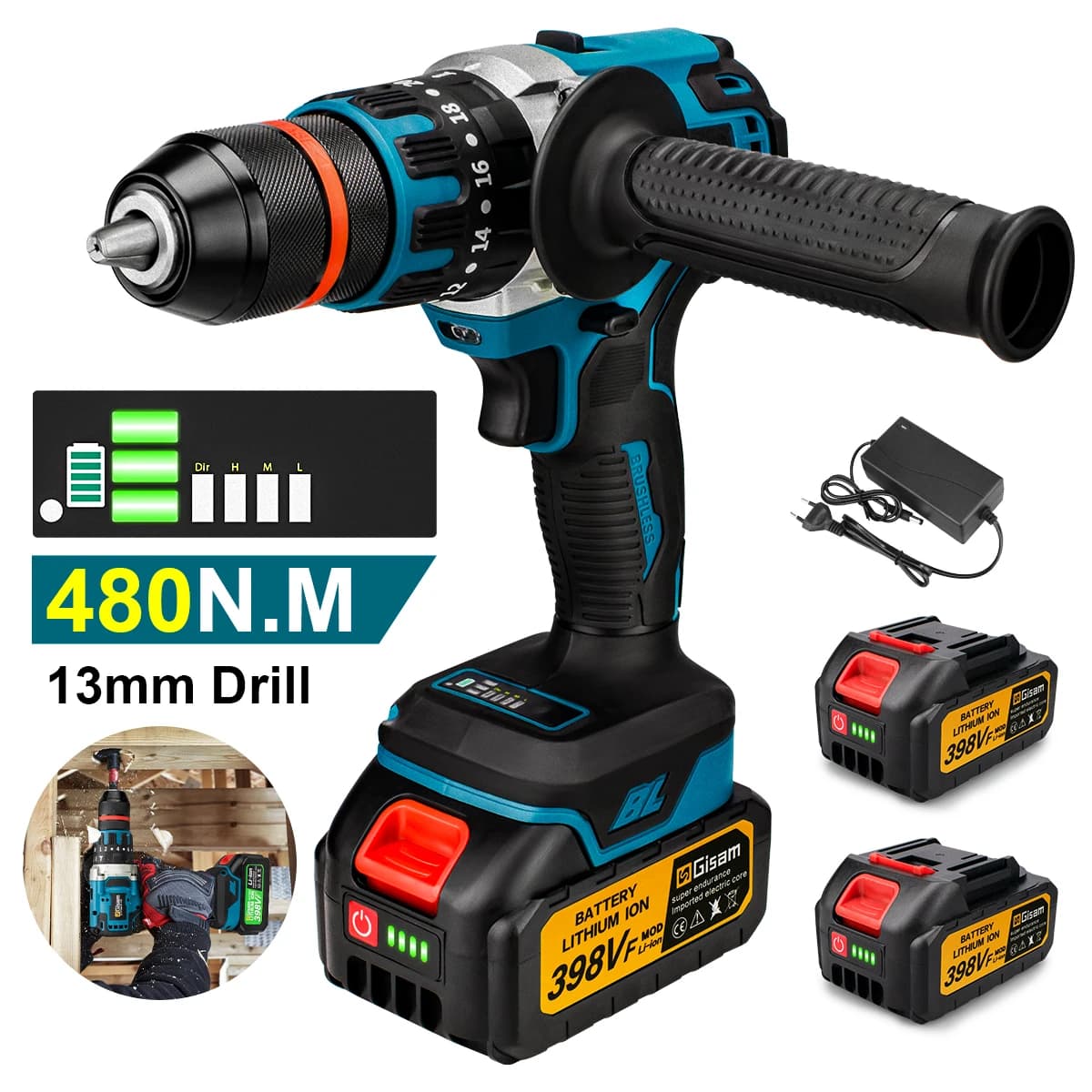 480n.m sem escova furadeira de impacto elétrica sem fio 13mm chave de fenda elétrica diy driver ferramenta elétrica para makita 18v bateria pino