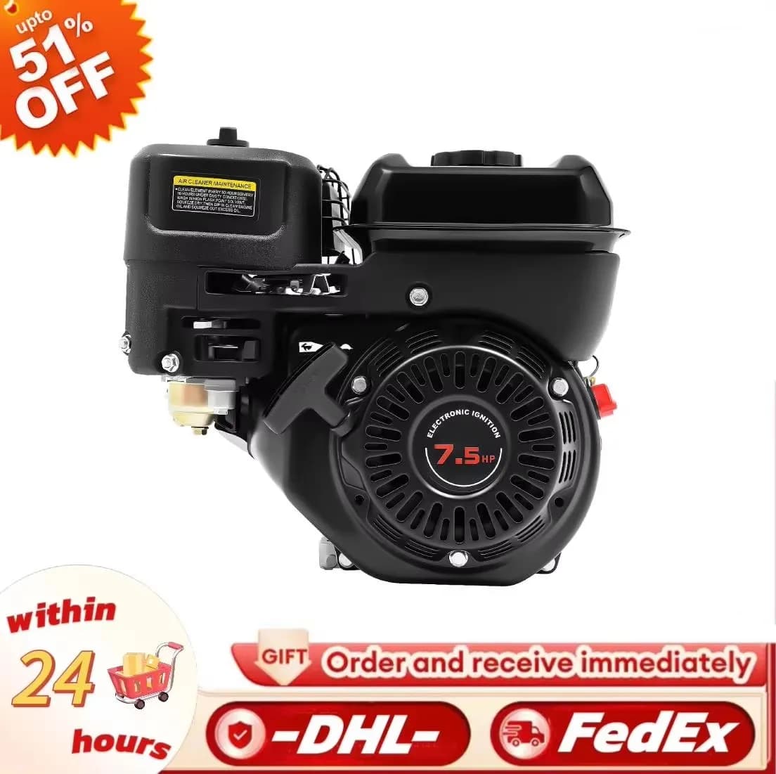 Motor a gasolina de 4 tempos, 7,5hp, 212cc, motor de pé, cilindro único, 3600rpm, resfriamento de ar, recuo, partida para industrial/kart