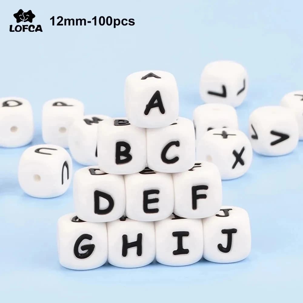 LOFCA 12mm 100 peças contas de letras de silicone alfabeto contas de dentição mordedor letras em inglês produto comestível enfermagem do bebê