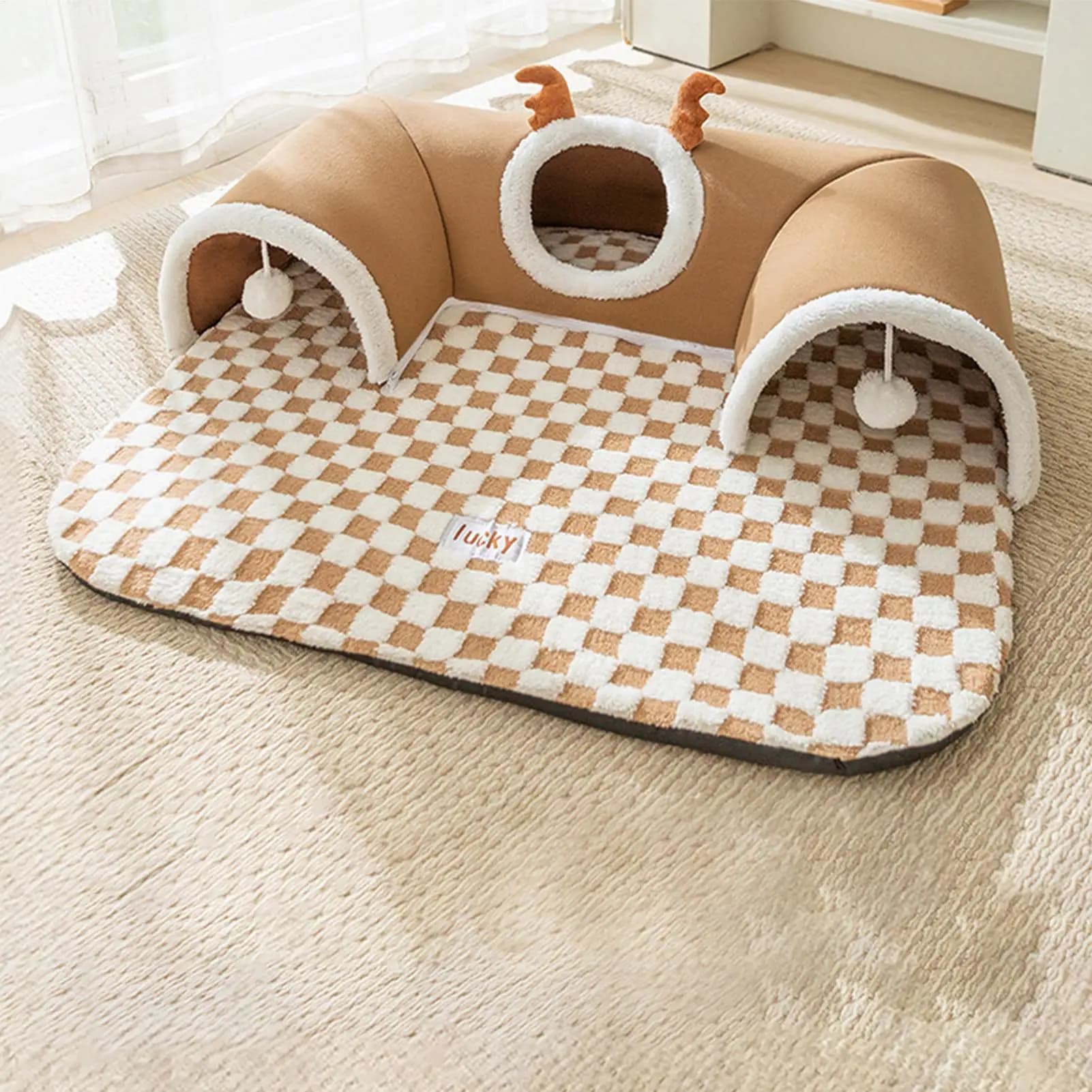 Cama de gato e túnel de jogo, casa quente, tenda com tapete de pelúcia, abrigo de canto, dobrável, móveis para animais de estimação para