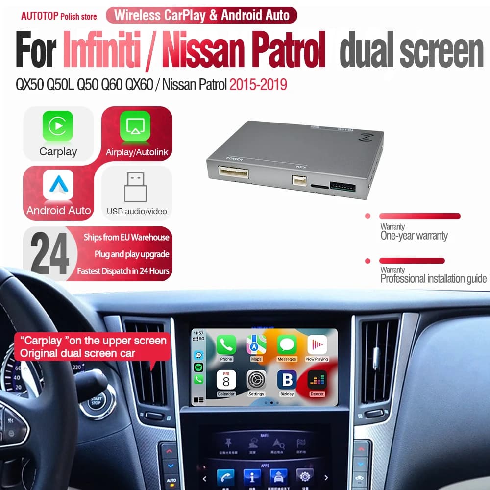 AUTOTOP Módulo CarPlay Sem Fio Android Auto para Infiniti com Tela Dupla 2013-2019 Q50 Q60 Q50L QX50 Espelhamento AUX BT