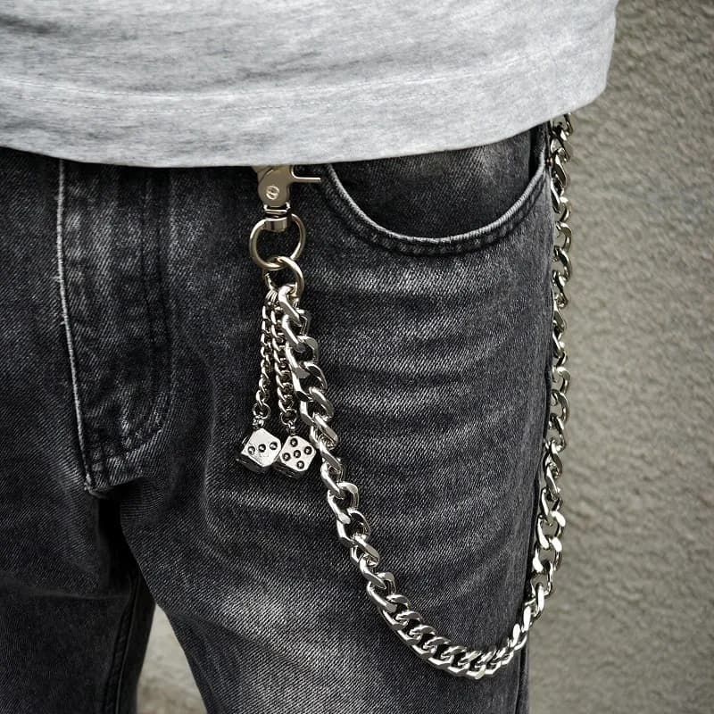 Corrente de Cintura Masculina Hip Hop com Pingente de Dado, Corrente de Metal para Chaves, Corrente de Camada Única, Decoração de Cintura