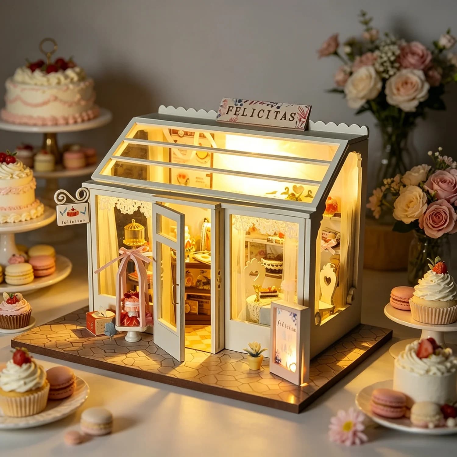 Kit de Montagem DIY de Loja de Bolos Deliciosos com Peças de Precisão Cortadas a Laser, Quebra-Cabeça 3D de Madeira, Decoração Colecionável para