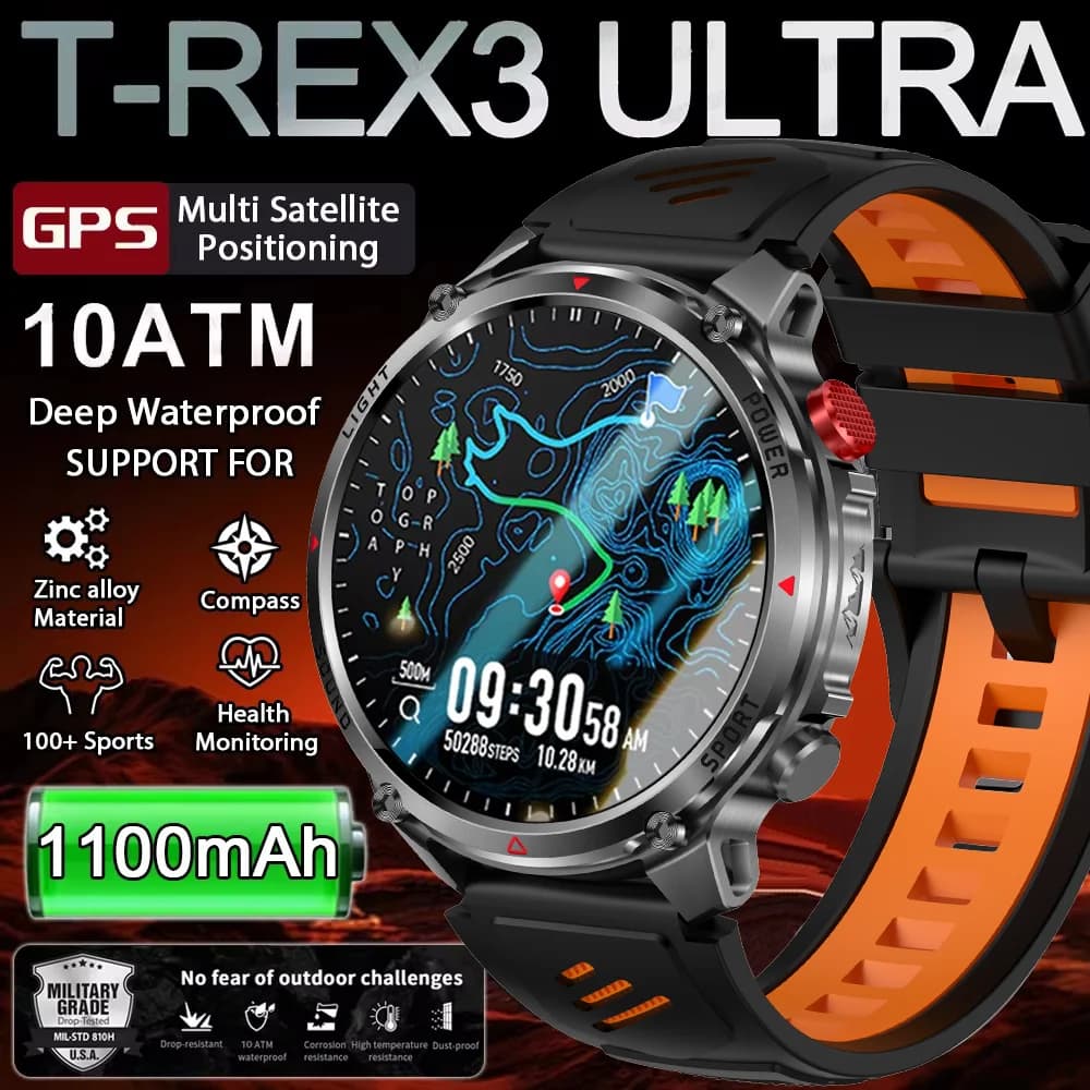 Relógio Inteligente T-Rex3 Ultra 2026 com Bateria de 1100mAh, GPS, Compasso, IP69K à Prova d'Água, Rastreador Esportivo para Atividades ao Ar Livre